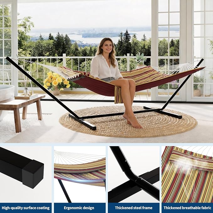 2 Person Double Hammock with Stand & Pillow, 450 LBS Heavy Duty Outdoor Hammock with Balance Rope, Weather Resistant Portable Hammock for Patio Backyard Poolside Camping