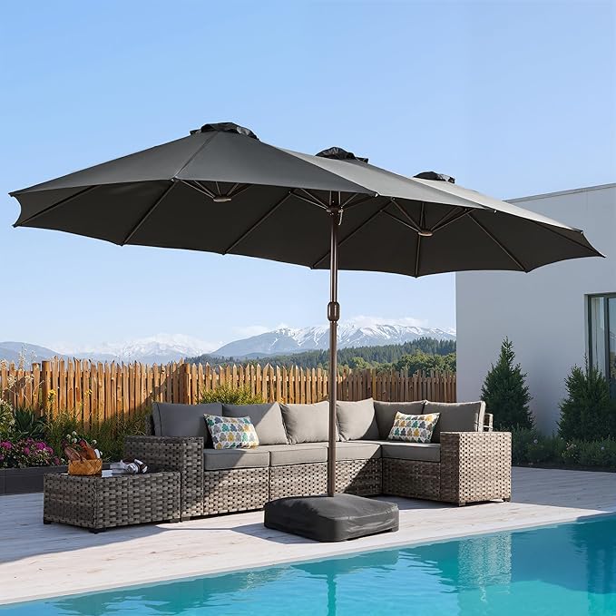 15Ft Patio Umbrella - Large Beach Umbrella W 12 Sturdy Ribs,UPF50 Outdoor Table Umbrella,Picnic Market Umbrella W Base Crank Handle for Pool,Yard,Garden