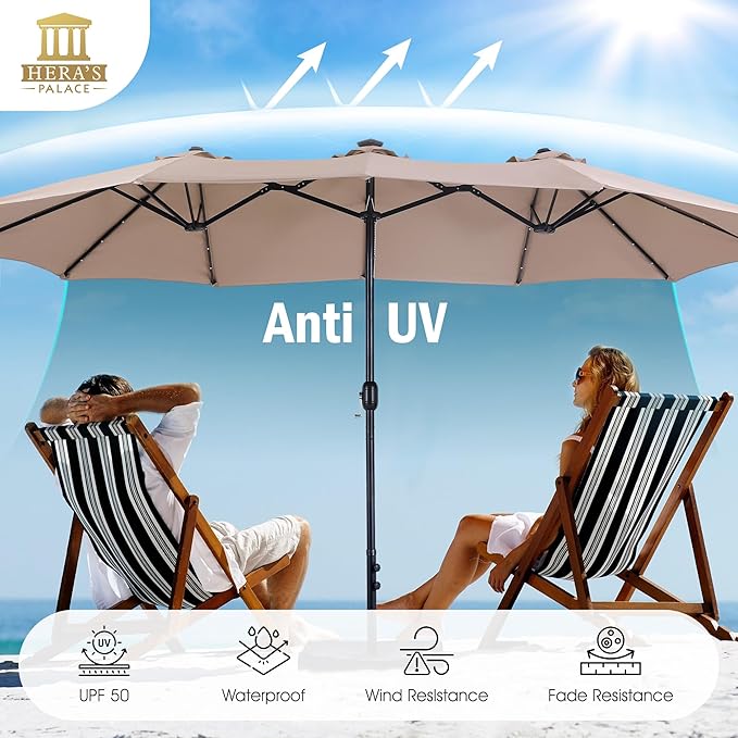 HERA'S PALACE 15ft Patio Umbrella with Base Included Double Sided Outdoor Umbrella for Patio Table Umbrella Outdoor 36 LED Solar Lights for Garden