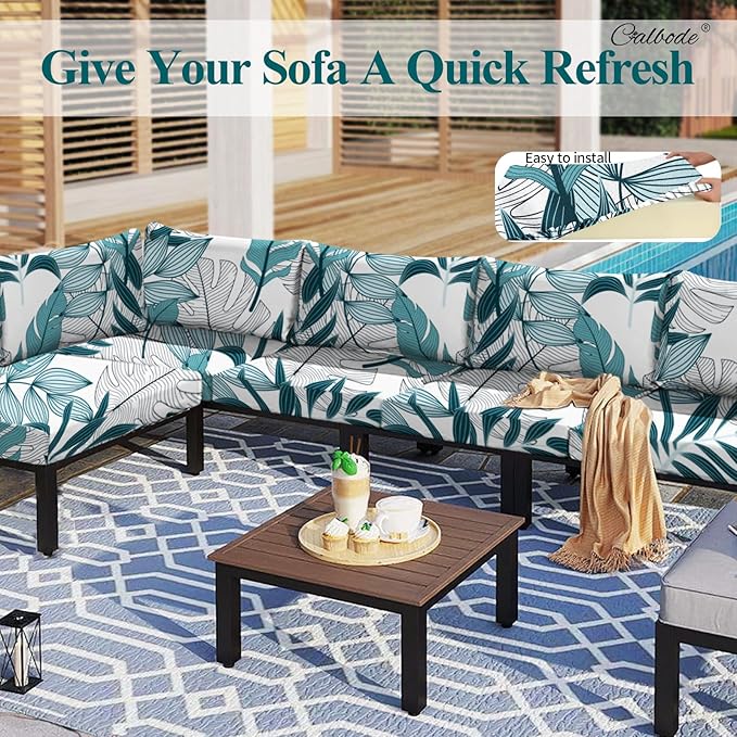 CALBODE 8Pcs Stretch Patio Cushion Cover Outdoor Cushion Cover Replacement Slipcovers Indoor and Outdoor Chair seat Covers Blue Botanical Print Patio Furniture Protector(Cover Only)