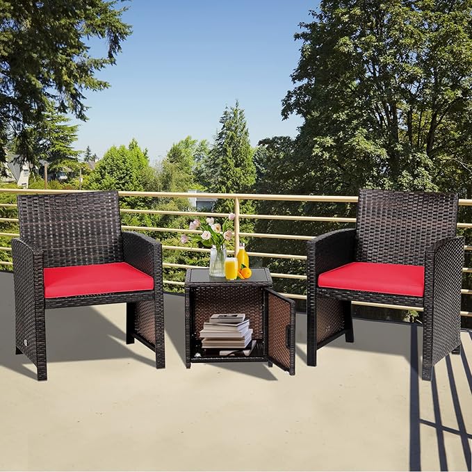 Tangkula 3 Pieces Outdoor Wicker Conversation Set with Waterproof Cover, 2 Patio PE Rattan Cushioned Chairs with Side Storage Table, Suitable for Front Porch, Balcony, Garden, Poolside and Yard (Red)