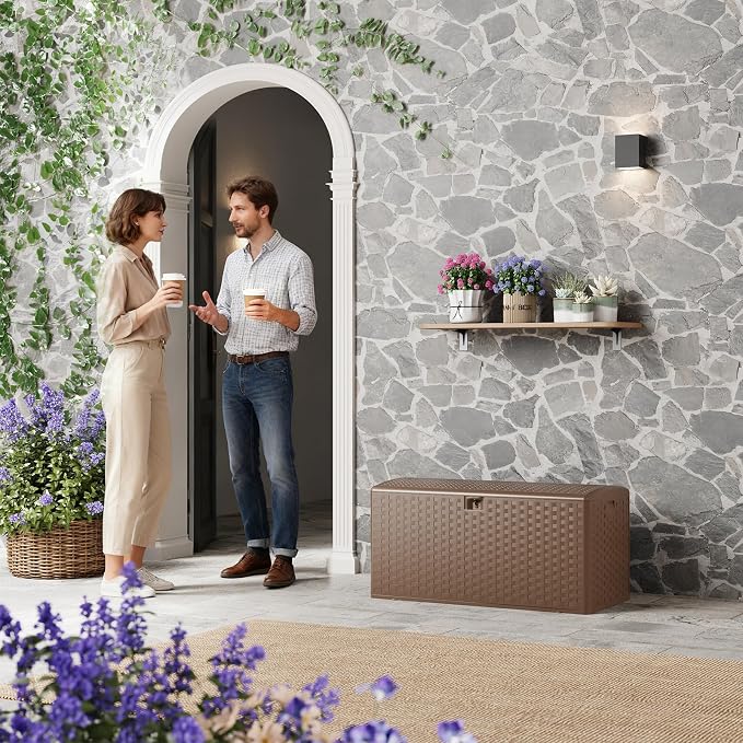 IDEALHOUSE 100 Gallon Waterproof Large Resin Deck Box for Indoor Outdoor Use, Lockable Plastic Storage Container with Lid, Waterproof & UV-Resistant for Patio Furniture Cushions Garden Tools, Brown