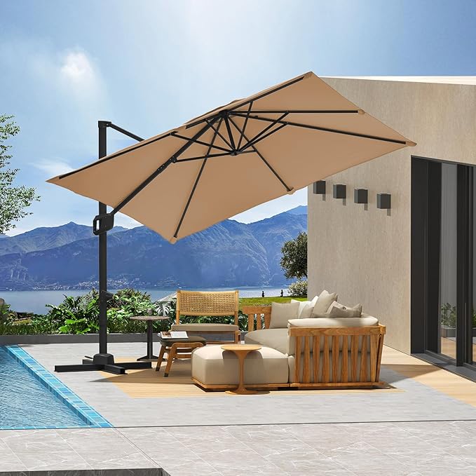 GarveeHome Cantilever Patio Umbrella 10x10ft Large Rectangle Umbrella Outdoor Market Umbrellas 360 Rotation Offset Hanging Outdoor Shade for Patio Deck Pool Backyard