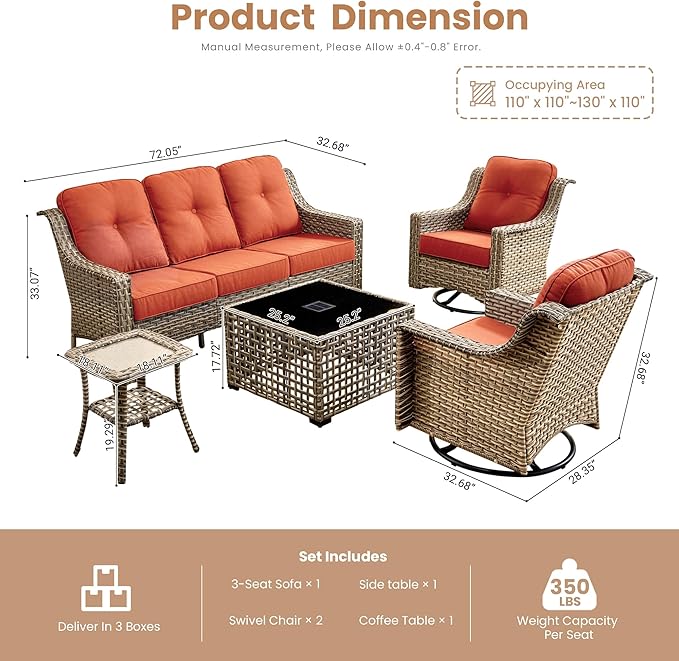 HOOOWOOO Patio Furniture Set,5 Pieces Wicker Outdoor Furniture,High Back Conversation Set with All Weather Resistant Solar Light Table Couch Swivel Chairs,Red