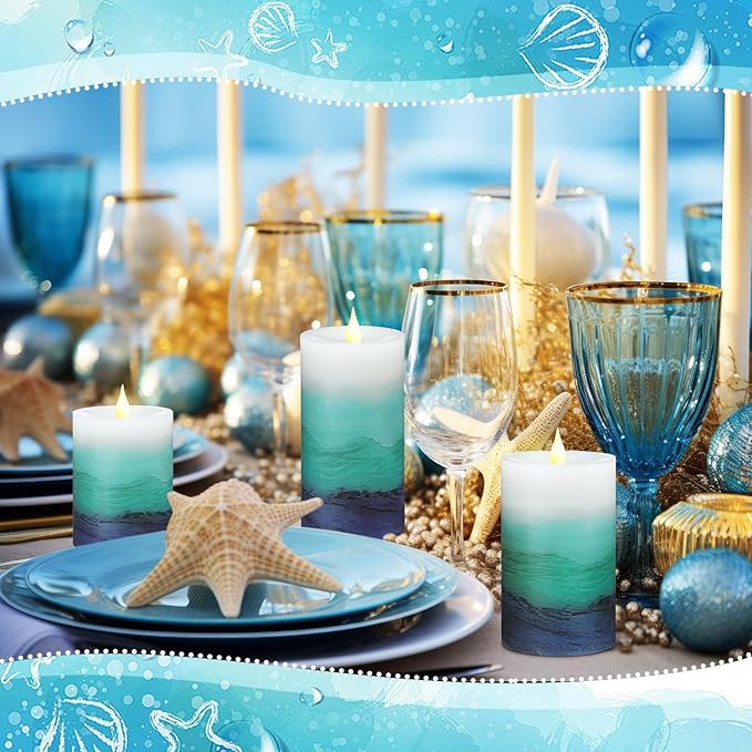 Baquler 3 Pcs Blue Teal Coastal Beach Pillar Candles Flameless LED Ocean Gradient Candles Battery Operated Decorative Flickering Candlestick for Wedding Home Seaside Nautical Party Decor