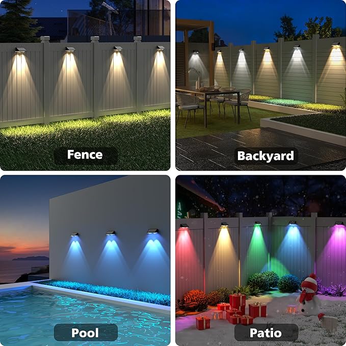 APONUO Solar Fence Lights Outdoor Waterproof, Fence Lights Solar Powered, 9 RGB Color Modes&Warm White&Cool White, Fence Solar Light Outdoor for Backyard, Patio, Wall, Yard,Deck(Black, 6 Pack)