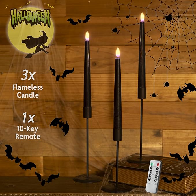 Black Flameless Taper Candles with Remote, Real Wax Halloween Candles, 9.6 Inch Battery Operated Led Candlesticks for Party Home Festival Decor, 3 Pack