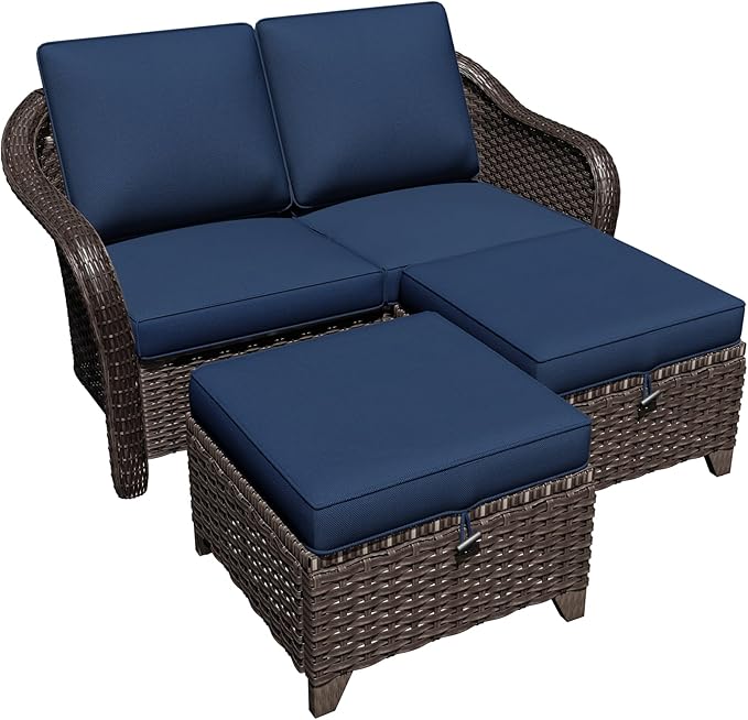 3 Pieces Patio sectional Sofa Set, Outdoor Conversation Furniture Set, 55" Patio Couch with 2 Ottomans, Rattan Wicker Sofa with Removable Cushions for Bistro, Deck (Navy Blue)