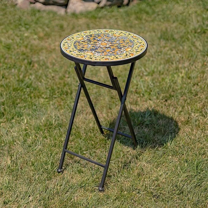 Mosaic Tile Furniture with Black Metal Frame and Patterned Tile Tops (Newport - Black/Gold/Blue, Folding Accent Table)