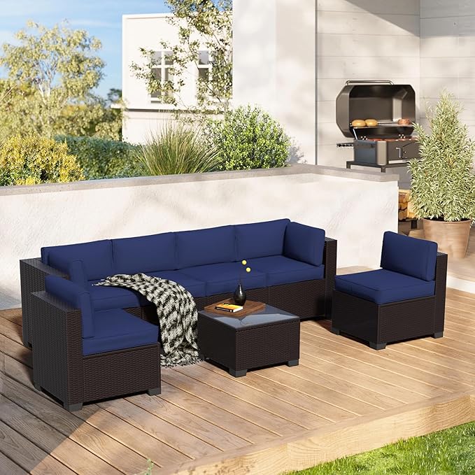 YLGJ&TIDY 7-Piece Outdoor Sectional Patio Furniture Set,Waterproof Patio Furniture with Metal Frame,All-Weather Wicker Rattan Sofa,Perfect for Garden Poolside Backyard (7, Darkbrown&Navy Blue)