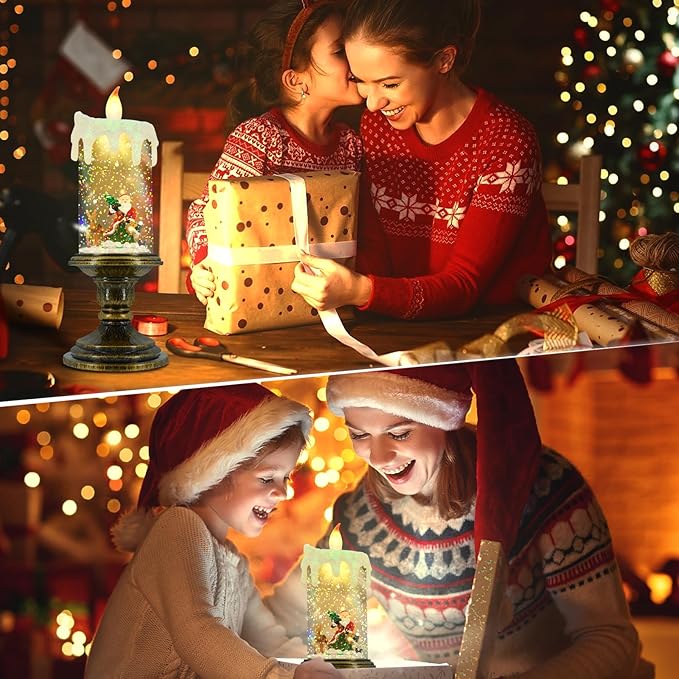 AOMIL Christmas Flameless Candles, Flickering Flameless Candles with Timer, Christmas LED Candles Battery Operated, Snow Globe Candle Light for Christmas Decorations