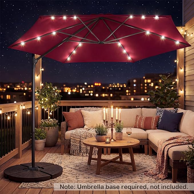 HAPPYGRILL 10 FT Patio Umbrella with Solar Lights, Outdoor Offset Cantilever Umbrella with White LED Lights, 360 Degree Rotation, Air Vent for Pool Deck Garden Backyard
