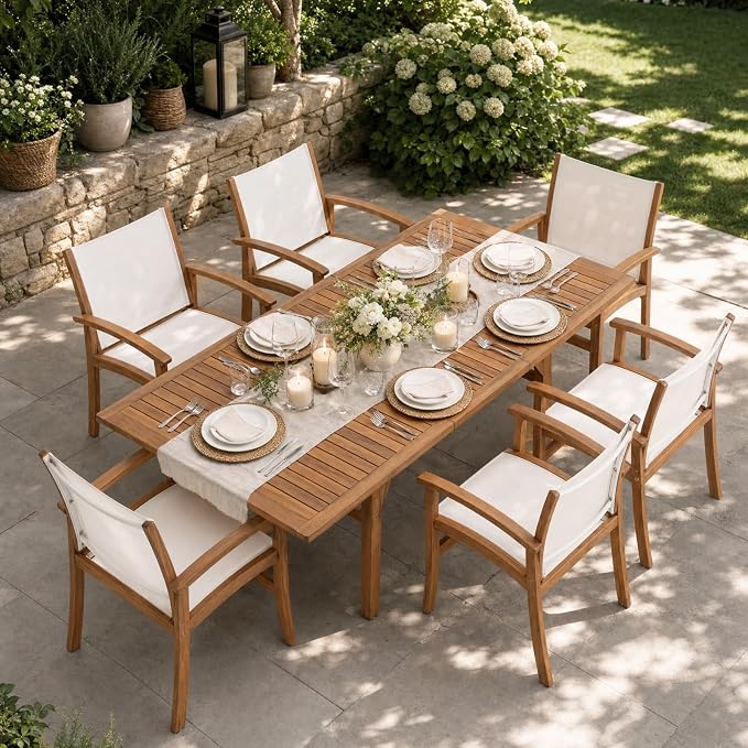 SUNSITT 5-Piece Outdoor Patio Dining Set, 55" - 71" Acacia Wood Expandable Table & 4 Breathable Textilene Mesh Chairs, All-Weather Patio Furniture w/Umbrella Hole for Backyard, Deck, Garden, White