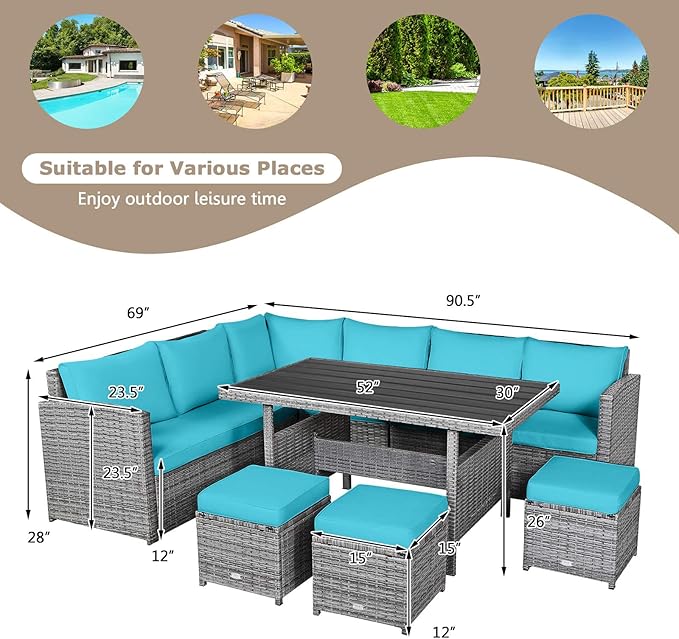 HAPPYGRILL 7 Pieces Rattan Wicker Patio Conversation Set, Outdoor Patio Furniture Set with Cushions, Rattan Sofa Set with Dining Table & Ottomans for Poolside Backyard Balcony Garden (Turquoise)