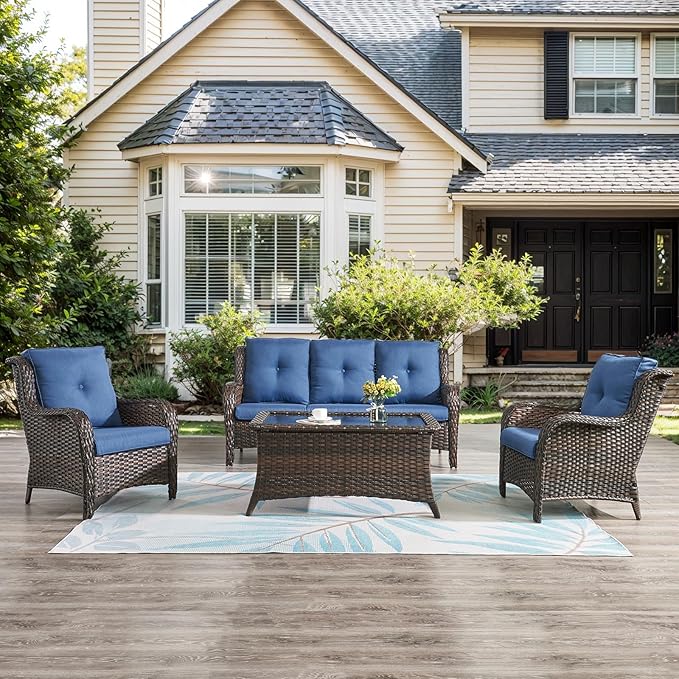 Belord High Back Patio Chairs Set of 2 - Brown Wicker Chairs Outdoor Seating, 4" Wide Armrests Rattan Outdoor Club Chair with Blue Removable Cushion for Deck Porch Backyard