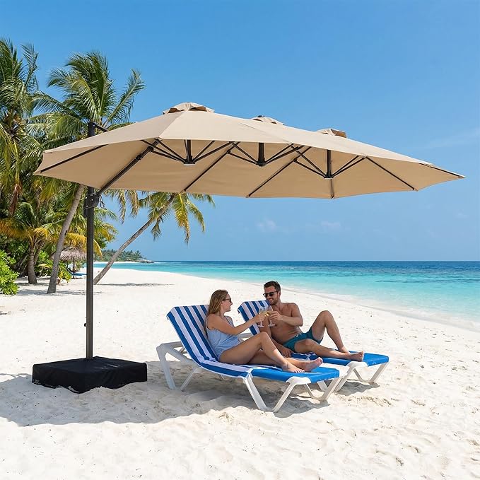 COSIEST 8 * 13FT Cantilever Patio Umbrella with Base,Large Rectangle Offset Umbrella,Heavy Duty Double-Sided Table Market Umbrella for Garden, Pool, Deck Shade, Khaki
