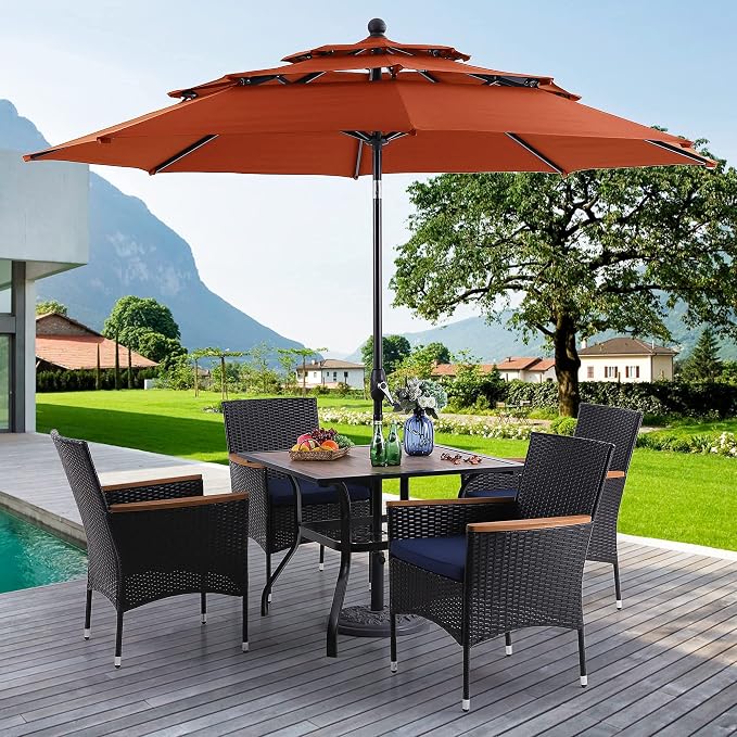 PHI VILLA 5pc Patio Dining Set with Umbrella, Square Table, Rattan Chairs | 37" Wood-like Metal Table, Cushioned PE Rattan chairs, 10ft Red 3 Tier Auto-tilt Umbrella (Base Not Included)