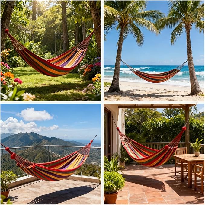 Double Hammock 2 Person Canvas Cotton with Tree Straps for Patio Garden Backyard Outdoor and Indoor (Red, Blue)(Blue240X80cm)