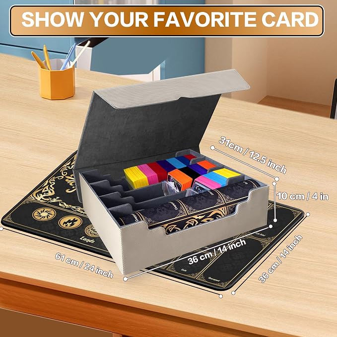 PROMAXIBINDER Trading Card Storage Box Fits 4000+ Cards, 4-Row MTG Commander Deck Case with Playmat, 6 Movable Partitions 24 Dividers PU Leather Magnetic Closure, Magic/TCG/YuGiOh/Sport (Grey)
