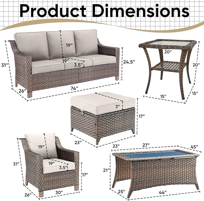Patio Furniture Set-7 Pieces Outdoor All-Weather Wicker Conversation Set Outdoor Rattan Sofa Couch with Patio Chairs Ottomans for Porch Garden Backyard Poolside-Brown/Beige