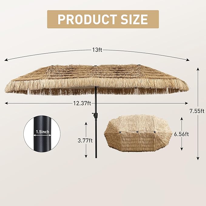 13ft Thatch Umbrella Tiki Bench umbrella With Crank, Water-resistant for Bench, Patio,Pool
