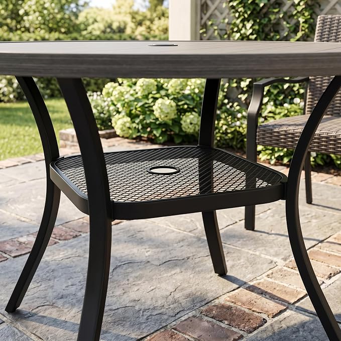 VICLLAX Metal Outdoor Dining Table for 4, All Weather 40.7" Black Round Patio Table with Adjustable Umbrella Hole for Lawn, Garden, Balcony and Poolsides, Grey Wood Grain Tabletop