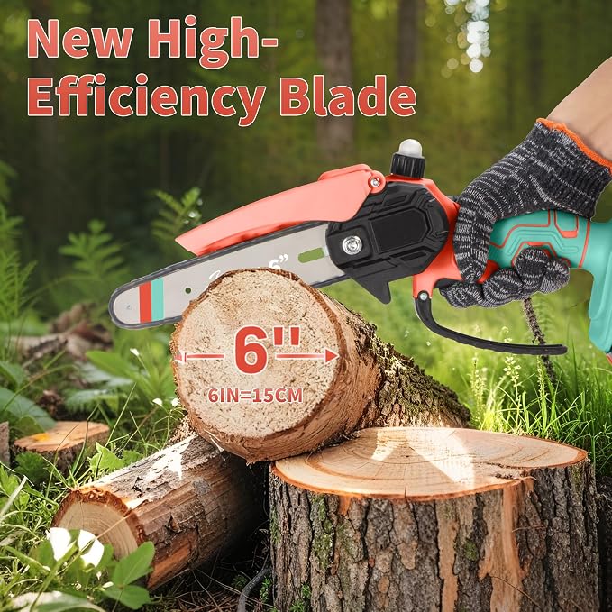 Mini Chainsaw with 2×24V Battery Powered Electric Chain Saw,chain saw are suitable for cutting wood and trimming branches,Mini Chainsaw Cordless With three chains (Orange-blue)