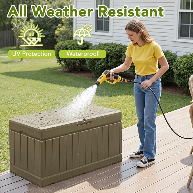 Devoko 78 Gallon Deck Box, Waterproof Resin Outdoor Storage Box for Outside and Patio, Outdoor Storage Bench Lockable for Patio Furniture, Garden Tools and Pool Supplies (Light Brown, 78 Gallon)