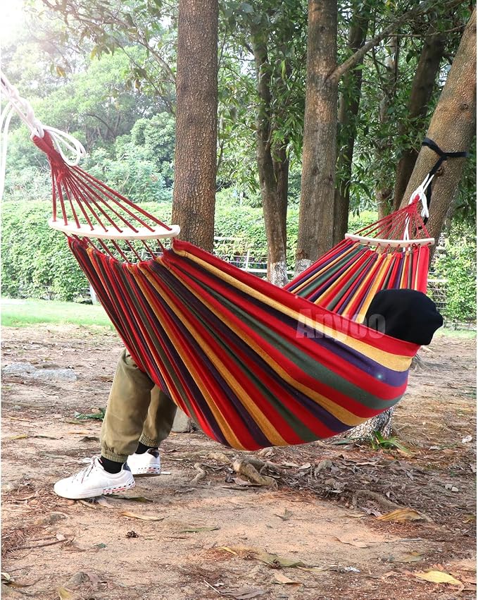 ANYOO Portable Camping Hammock Cotton Hammocks with Spreader Bar Outdoor | Sturdy Lightweight Hammocks Up to 450lbs with Carry Bag