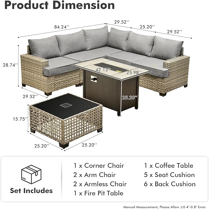HOOOWOOO Sectional Patio Furniture Set with Fire Pit Table,7 Pieces Wicker Outdoor Furniture L Shaped Couch,Outside Conversation Set with Extra Deep Seat Sofa Wide Arm Solar Light Table,Charcoal Gray