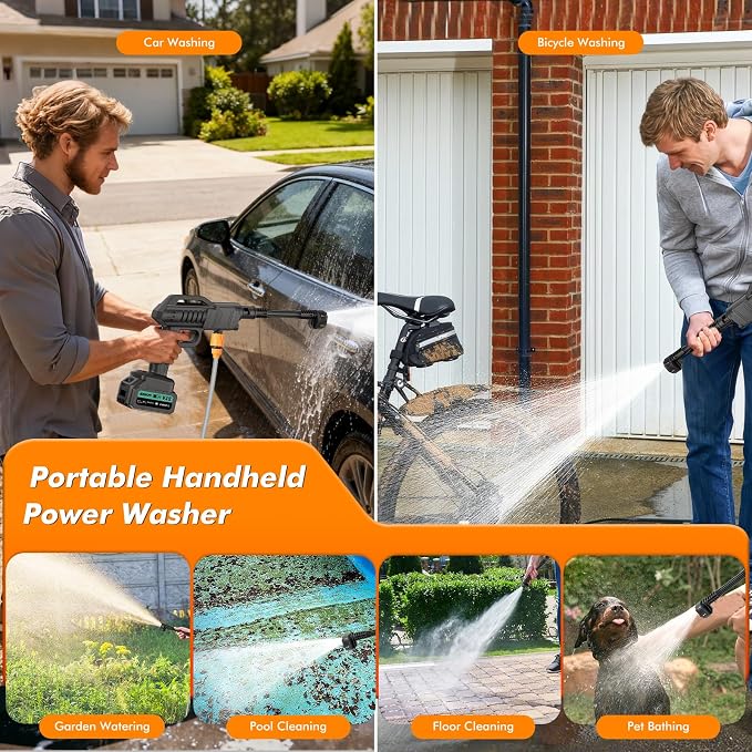 Cordless Pressure Washer, 1450 PSI Portable Battery Power Washer, Cordless Pressure Jet Washer with 6-in-1 Adjustable Nozzle, with 2×3.0Ah Batteries, Charger, 5m Hose for Vehicle, Driveway Deck