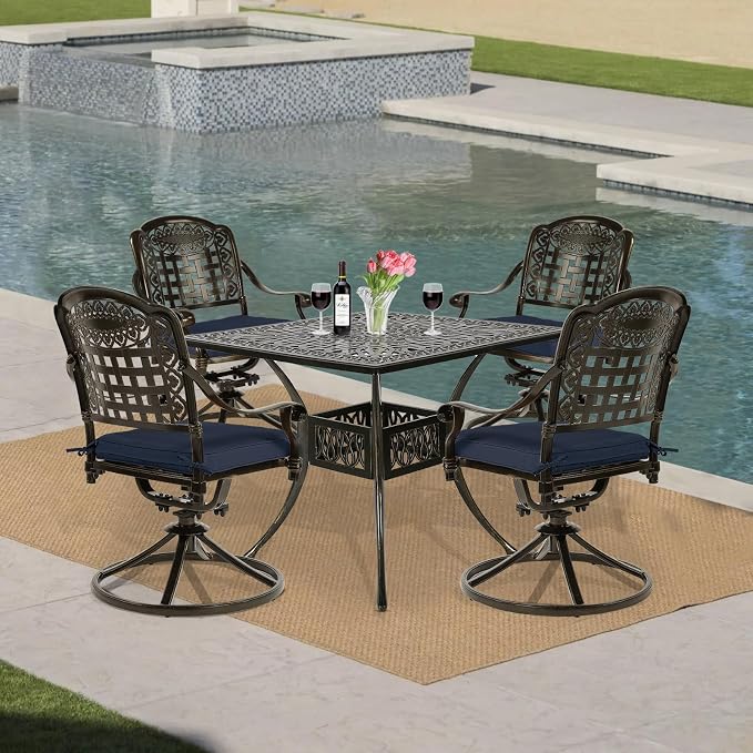 VIVIJASON 5-Piece Outdoor Patio Dining Set, All-Weather Cast Aluminum Conversation Set, Patio Furniture Set Include 4 Swivel Cushioned Chairs, 1 Square Table w/Umbrella Hole, Navy Blue Cushion