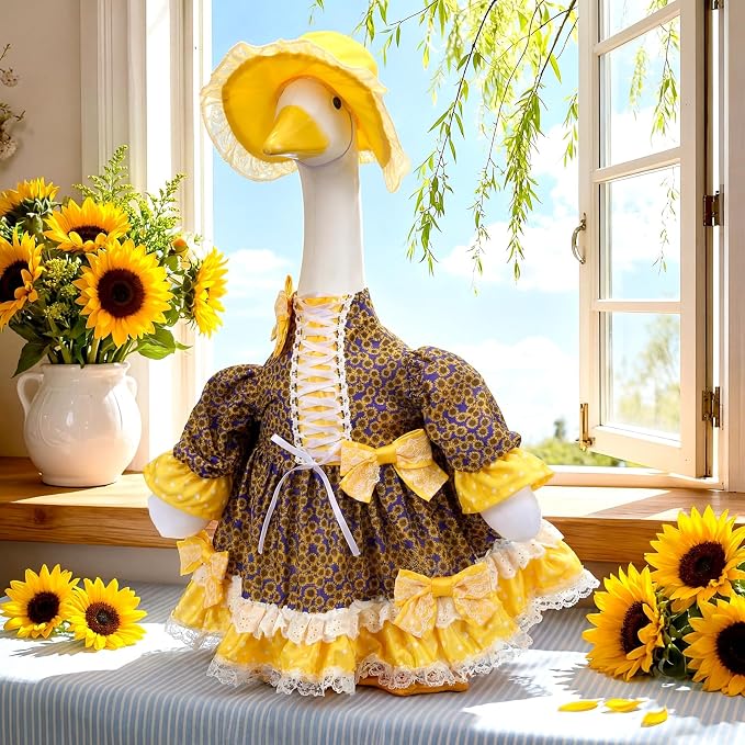 Soulchen 1 Set Summer Sunflower Porch Goose Outfit with Bow 23 Inch Cement Goose Clothes Dress and Hat Costume Set for Summer Christmas Garden Yard Decor