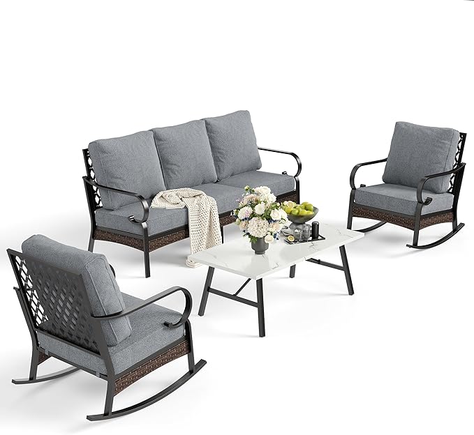 4 PCS Metal Outdoor Patio Furniture Set, Patio Conversation Sets 1 3-Seater Sofa, 2 Rocking Chairs with 5.75" Extra Thick Cushion & Coffee Table, Black Frame Backyard Furniture, Gray