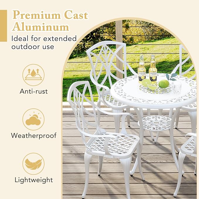 Tangkula 5 Pieces Cast Aluminum Outdoor Dining Set, Round Dining Table with 2” Umbrella Hole & 4 Armchairs, All-Weather Outdoor Furniture Set for Patio, Balcony, Garden & Backyard, White