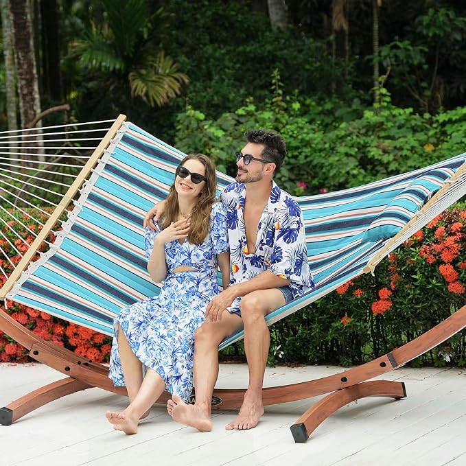 Lazy Daze Hammocks Sunbrella Fabric Hammock with 13FT Wood Arc Stand, 2 Person Outdoor Hammock Combo with Free Pillow, All Weather & Fade Resistant, for Patio Yard, 450 lbs Capacity, Token Surfside