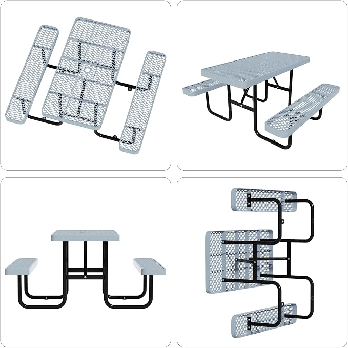 Picnic Tables for Outdoors,Commercial Metal Picnic Table Bench Set with Umbrella Hole,School Canteen Tables W/Seats - Heavy Duty Sturdy Picnic Tables Furniture for Patio Garden (Grey, 4FT)