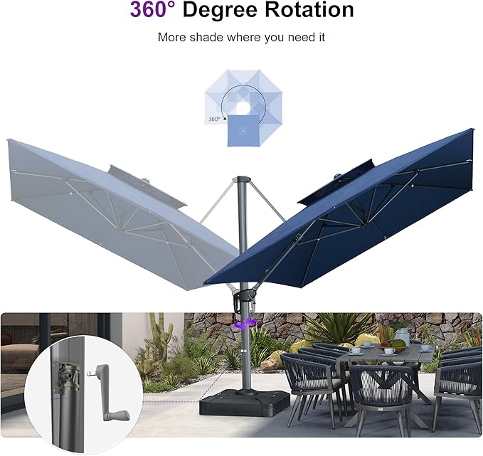 PURPLE LEAF Cantilever Umbrella with Base Included Outdoor 10' X 13' Double Top Large Rectangle Umbrella Heavy Duty 360° Rotation Offset Sun Shade for Garden Patio Deck Pool Spectrum Indigo