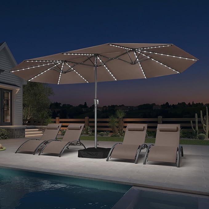 PURPLE LEAF 15ft Double-Sided Patio Umbrella with Base and Solar Lights Outdoor Market Umbrella with Crank Handle Rectangle Umbrella for Backyard Pool Garden Deck, Taupe