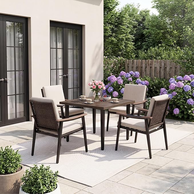 Natural Expressions Outdoor Dining Set,Patio Table and Chairs Set with 4 Wicker Rattan Chairs with Cushion, 5 Piece Patio Dining Set for 4,36.6" Woodgrain Table,1.65" Umbrella Hole,Patio Sets for Yard
