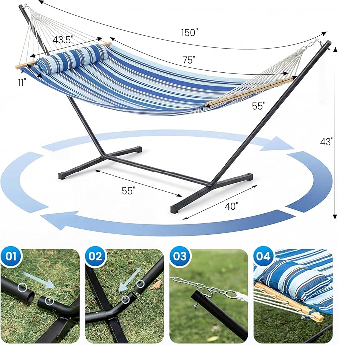 Double Hammock with Stand – Portable Cotton Rope Hammock with Removable Quilted Pad & Pillow, Adjustable Steel Frame for Patio, Backyard, Garden, Park, Camping & Outdoor Relaxation – Blue