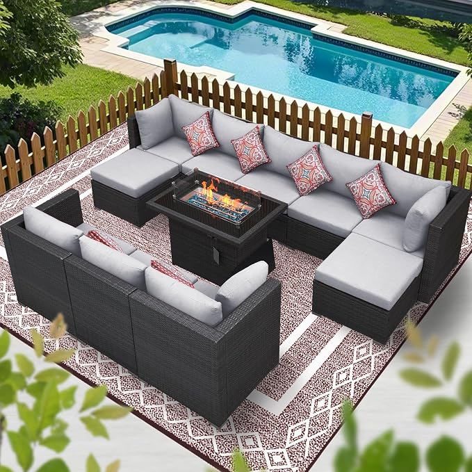 BULEXYARD Large High Back Grey Rattan Patio Furniture Set with Propane/Gas Fire Pit Table, Luxury Deep Wide Seat Outdoor Sectional Sofa, Modern Wicker Modular Conversation Couch (11Pcs-A, Light Grey)