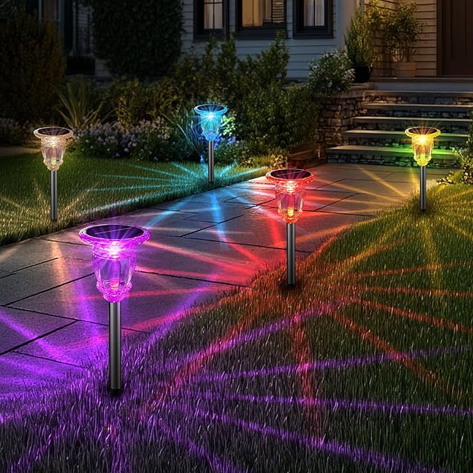 Solar Pathway Lights Outdoor 6 Pack, 10 Modes RGB Color Changing & White Solar Garden Lights, 17.5" IP65 Waterproof Glass Stainless Steel Solar Powered Landscape Lights for Yard Walkway Driveway Patio