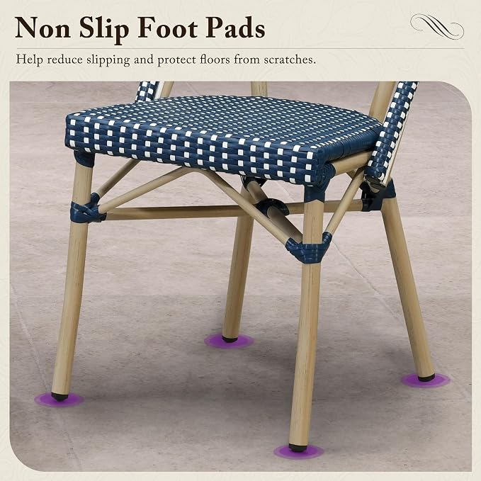PURPLE LEAF 7-Piece French Bistro Dining Set Rectangle Outdoor Patio Table and 6 Armless Chairs Tempered Glass Top PE Rattan Champagne Print Finish Aluminum Frame Navy Blue