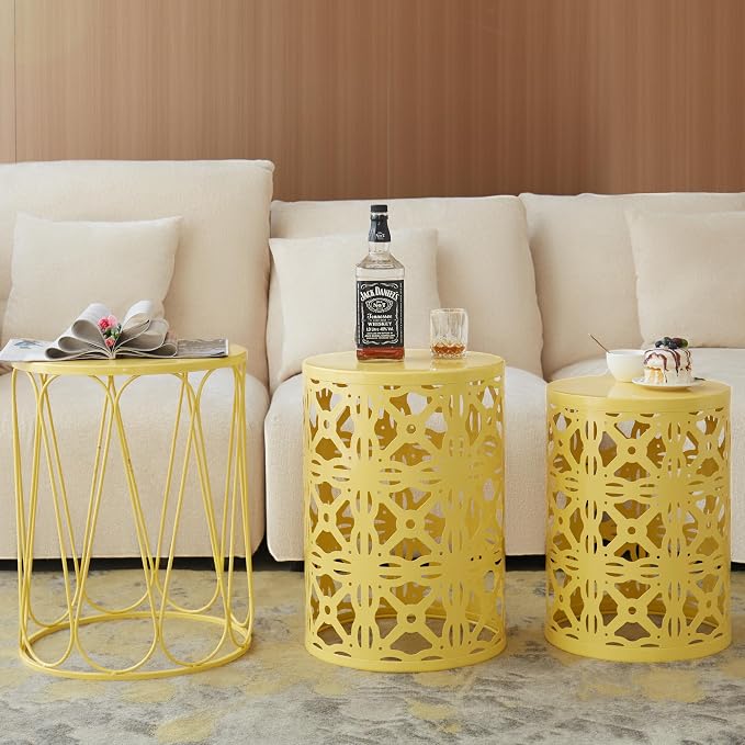Y&M Set of 3 Stacking Coffee Table for Living Room, Patio Side Table,Indoor End Tables for Bedroom, Outdoor Decorative Garden Stool with Heavy Duty Metal Frame Modern Industrial Decor - Yellow