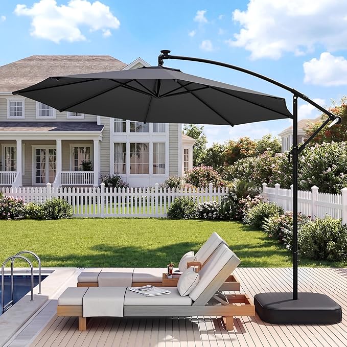 EROMMY 10FT Patio Umbrella with Base Included, Outdoor Offset Cantilever Umbrella, Infinite Tilt, Crank and Cross Base, UV Protection for Backyard, Lawn, Garden & Pool