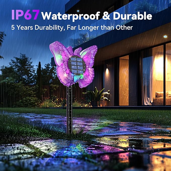 Solar Butterfly Lights Outdoor-Color-Changing 3D Glow-2-in-1 Wall & Ground-Butterfly Lights for Outside-Waterproof Garden Decorations for Patio Lawn Yard Fence Backyard Decor (6 Pack)