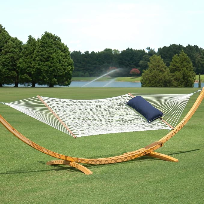 Hatteras Hammocks Deluxe White Duracord Rope Hammock with Free Extension Chains & Tree Hooks, Handcrafted in The USA, 450 LB Weight Capacity, 13 ft. x 60 in
