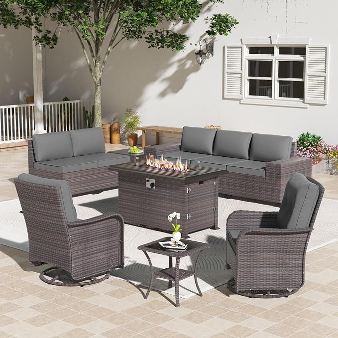 Gotland 10 Pieces Patio Furniture Set with 2 Swivel Rocking Chairs 1 Fire Pit Table, Patio Furniture in 4 Combinations with 1 Coffee Table Wide Armrests 29.5'' High Backrest, for Deck Garden Pool Gray