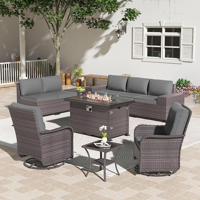 Gotland 10 Pieces Patio Furniture Set with 2 Swivel Rocking Chairs 1 Fire Pit Table, Patio Furniture in 4 Combinations with 1 Coffee Table Wide Armrests 29.5'' High Backrest, for Deck Garden Pool Gray